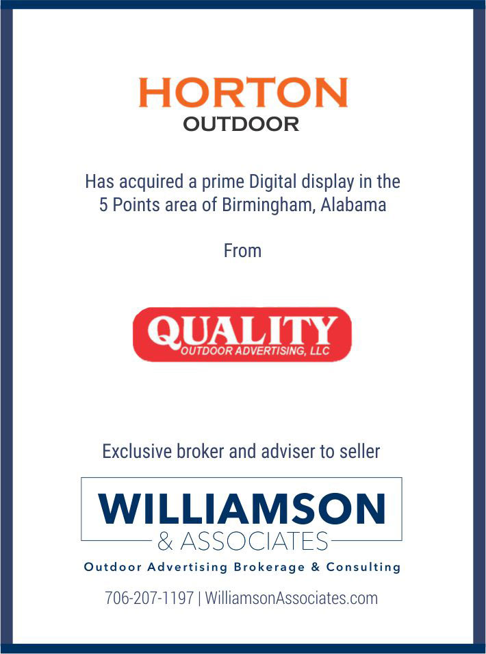 Horton Outdoor has acquired a digital display Birmingham, Alabama from Quality Outdoor Advertising
